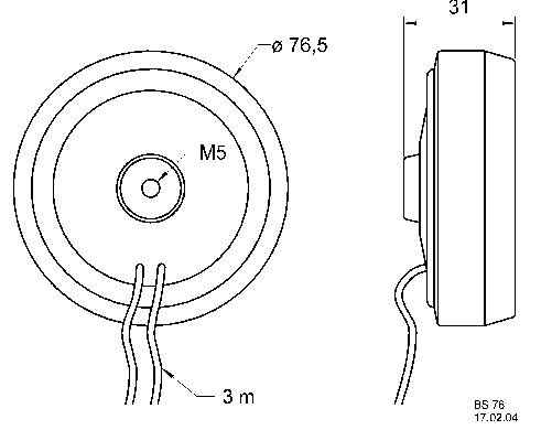 Teknisk tegning af en rund magnet med et hul i midten. Diameter 76,5 mm, højde 31 mm, gevind M5, kabel 3 m.