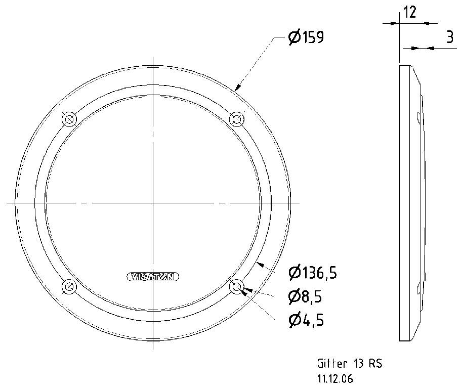 Teknisk tegning af en rund gitter med sidevisning. Diameter 159 mm, huldiameter 136,5 mm. Dato: 11.12.06.