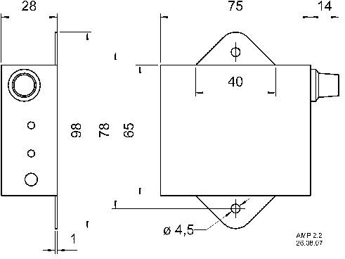 Teknisk tegning af rektangulær komponent med dimensioner: 28x75x14 mm. Sidefremstilling viser huller og tilslutninger. Måleangivelser i mm.