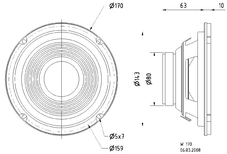 Teknisk tegning af højtaler med mål: Diameter 170 mm, dybde 63 mm, side- og frontvisning.