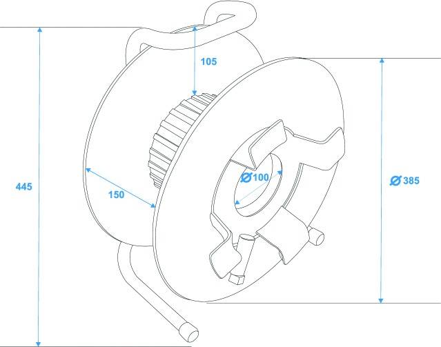 Teknisk tegning af en spole med følgende dimensioner: Højde 445 mm, diameter 385 mm, indvendig diameter 100 mm, bredde 150 mm.