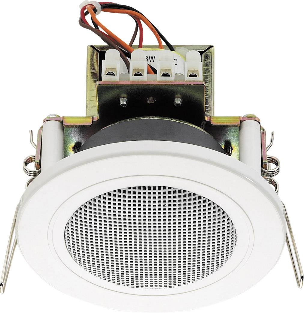 En rund indbygningshøjttaler med hvidt gitter og sorte detaljer, ledningsført og klar til installation i et loft.