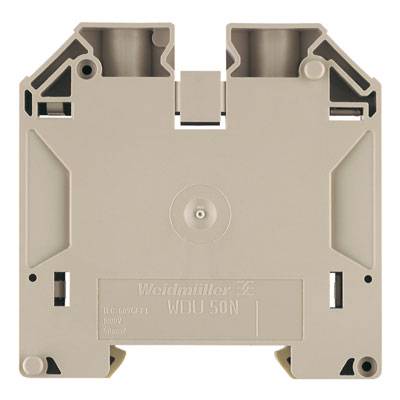 Beige klemmeblok fra Weidmüller, model WDU 50N, egnet til 1000V, 50mm² ledninger. Rektangulær form med fastgørelseshuller.