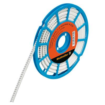 En blå spoler med en oprullet, hvid kabel, der er trykt med sorte tal. Spolen er mærket med 'Weidmüller' branding.