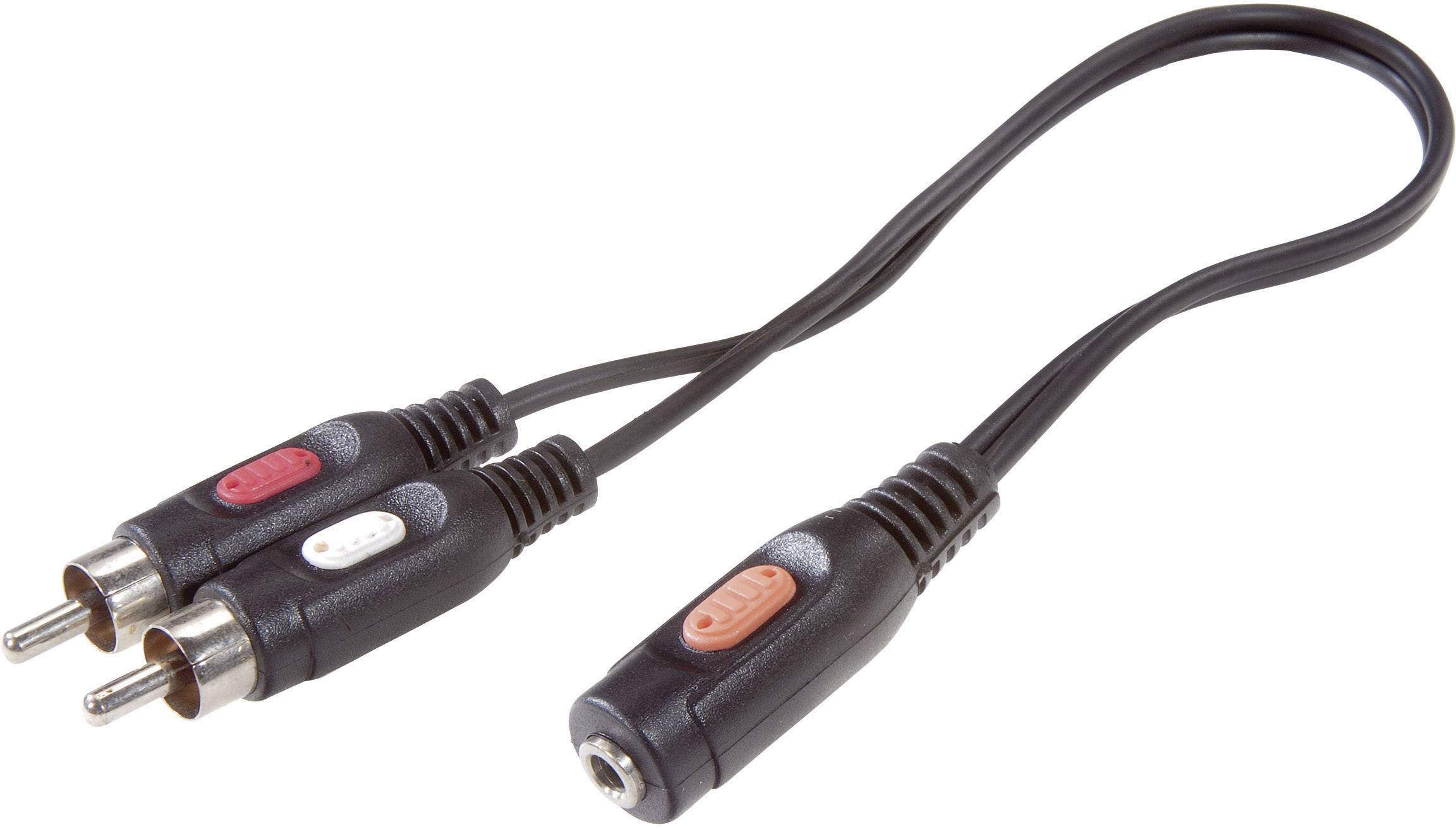 Treleddet lydkabel med to RCA-stik i rød og hvid samt en 3,5 mm jackstik-adapter.