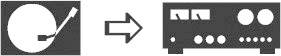 Sorte og hvide ikoner viser en pladespiller, en pil og et stereoanlæg-symbol, der repræsenterer et skift i afspilningen.