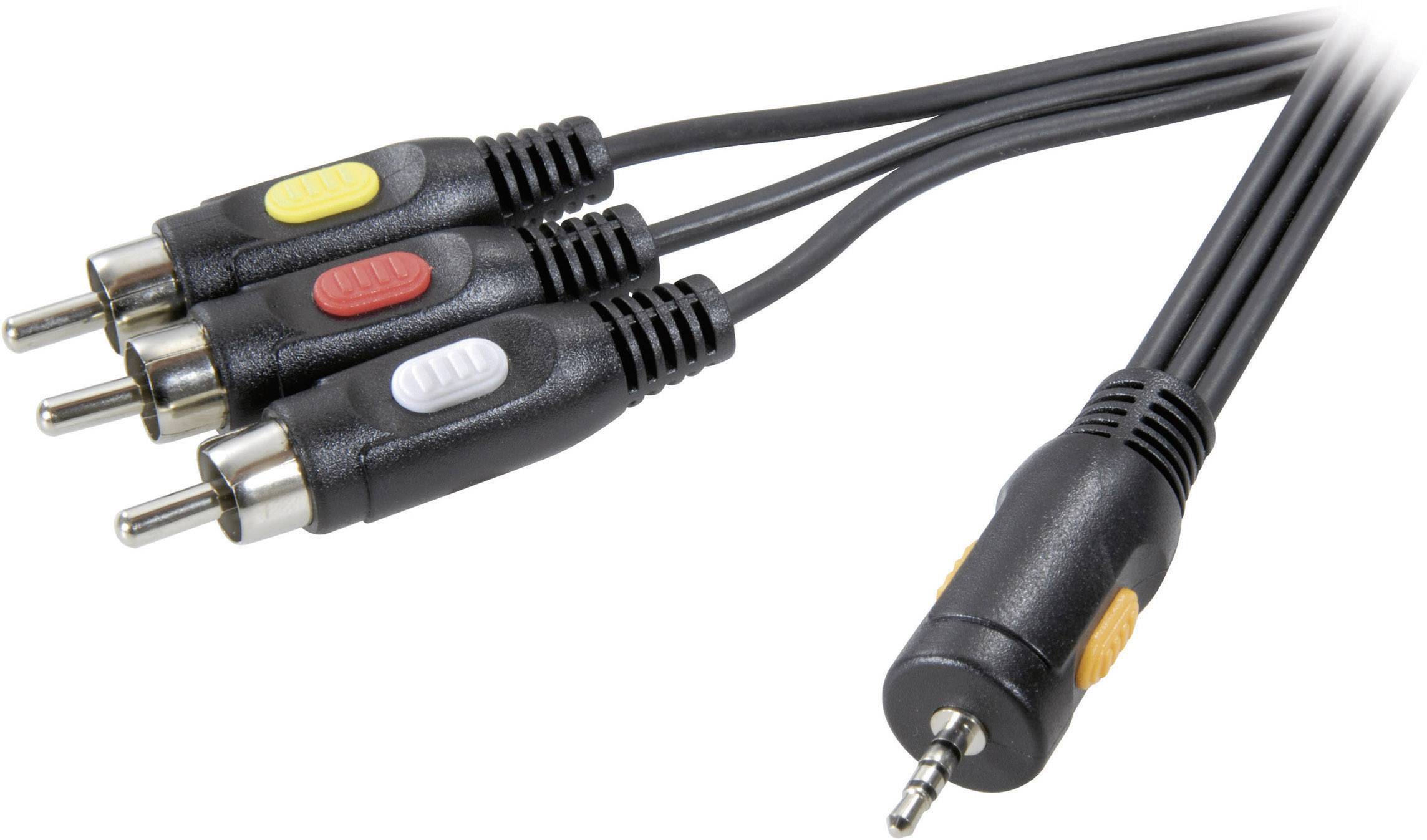 Et kabel med fire farvekodet RCA-stik (gul, rød, hvid, sort) på den ene side og et 3,5 mm jackstik på den anden side.