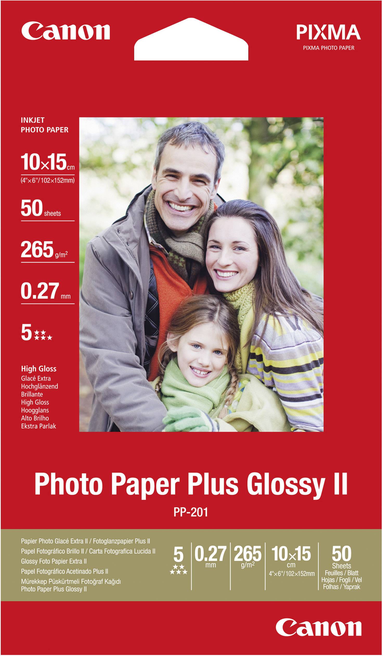 Canon PIXMA Fotopapir Plus Glossy II papirpakning med billede af en smilende familie. Detaljer: 50 ark, 265 g/m², 10x15 cm.