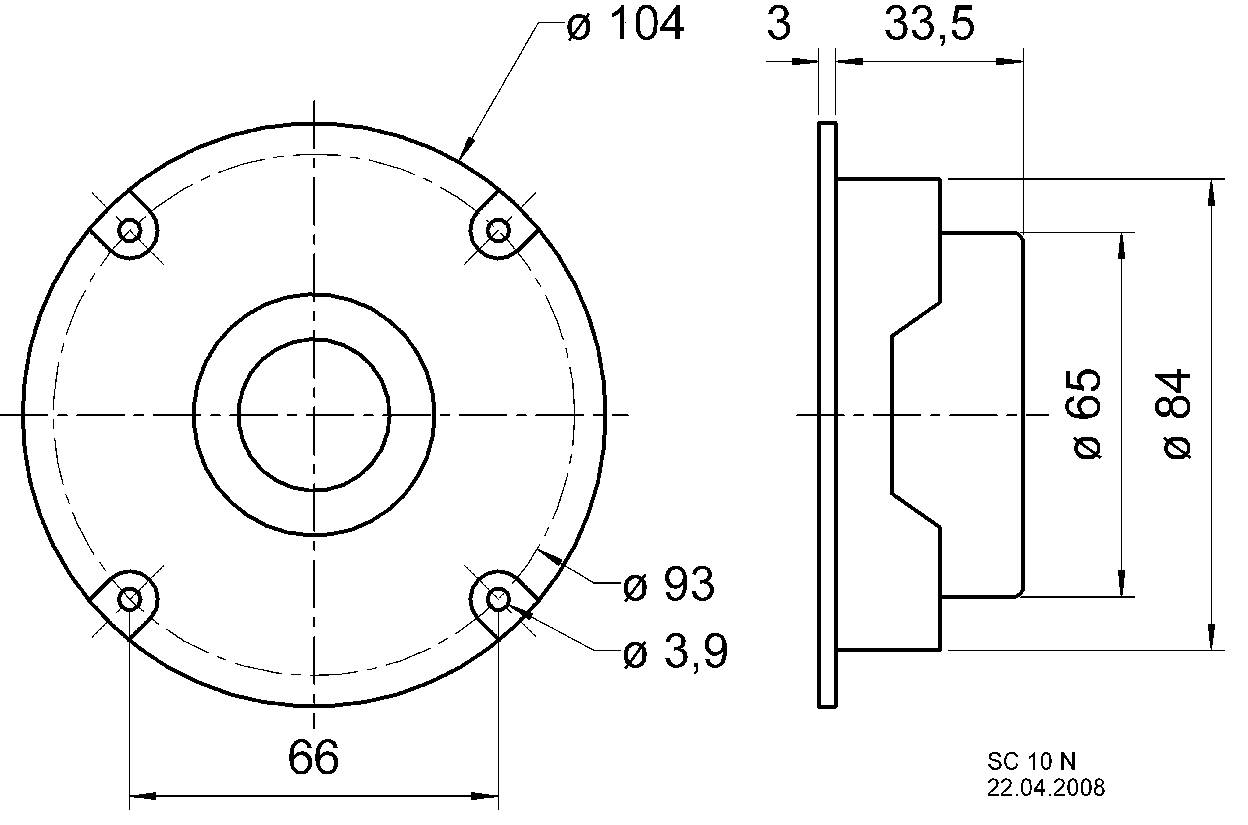 Teknisk tegning af en rund metalplade med flere borehulsdiametre i millimeter. Set oppefra og fra siden.