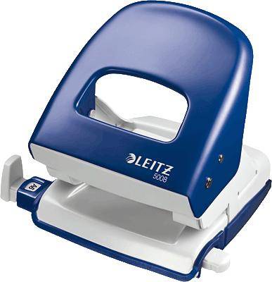 Blå Leitz hullemaskine på hvid baggrund.