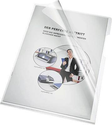 Brochure om mapper og præsentation: 'Det perfekte fremtræde'. Viser kontorartikler og en person i formel påklædning.
