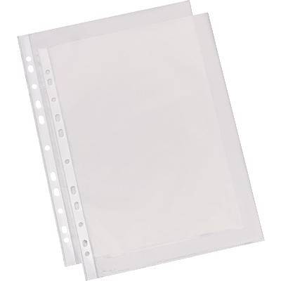 To transparente plastdokumentlommer med huller langs kanten, lagt oven på hinanden. Velegnede til beskyttelse og sortering af papirdokumenter.