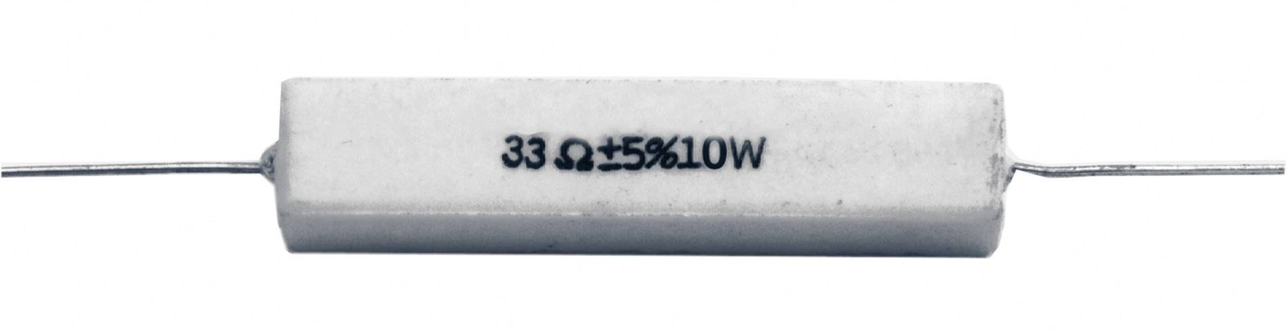 En hvid cylindrisk modstand mærket '33 Ω ±5% 10W' med to trådtilslutninger i enderne.