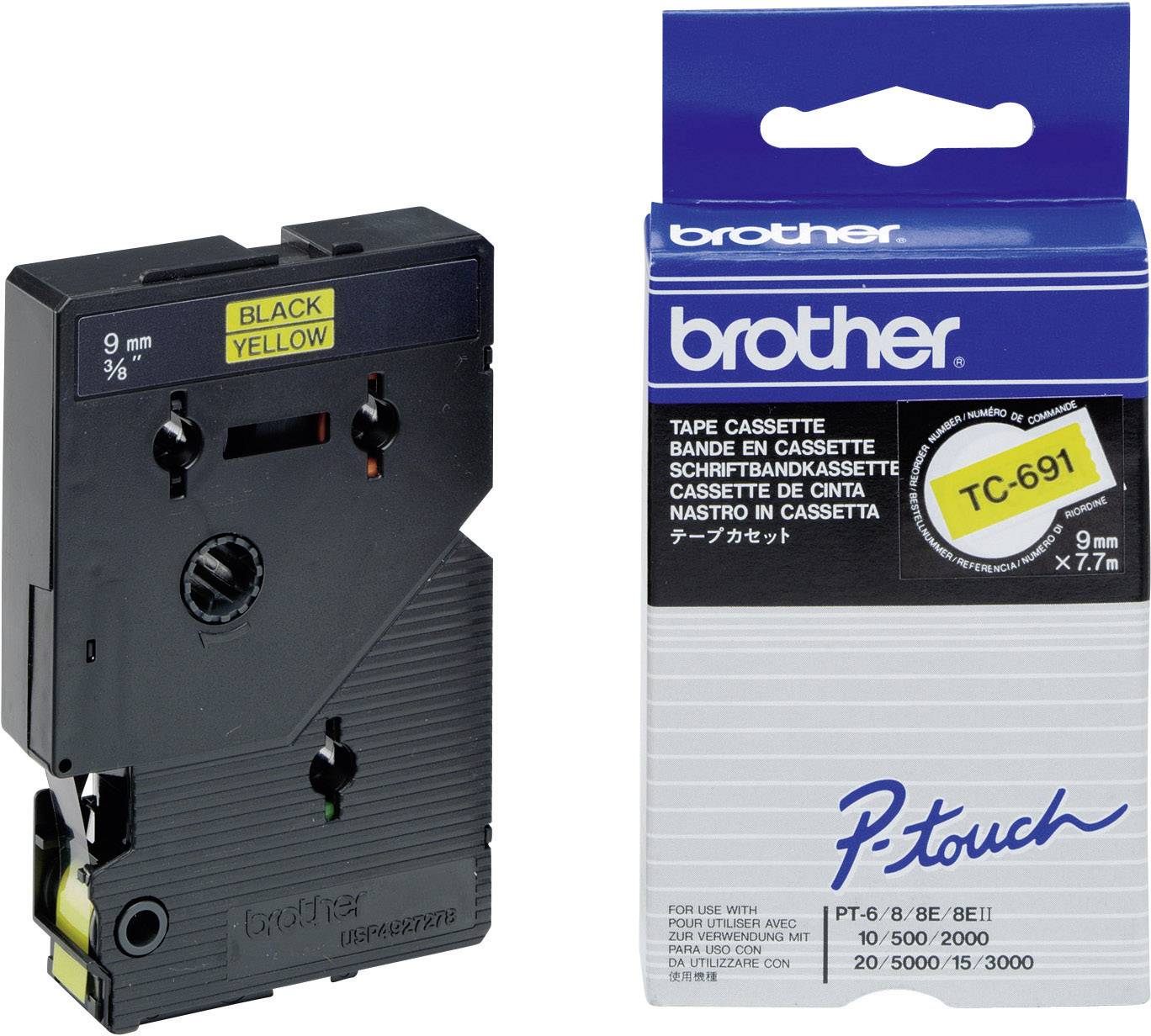 Billedet viser en Brother P-touch TC-691 labelkassette i sort-gul farve med dimensionerne 9 mm x 7,7 m ved siden af sin emballage.