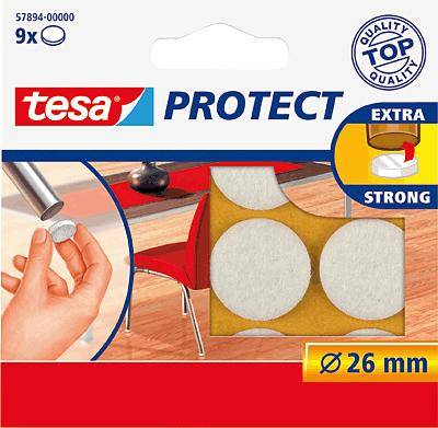 Emballage til Tesa Protect filtglider, ekstra stærk, diameter 26 mm. Billedet viser anvendelse under en stoleben til beskyttelse af gulve.