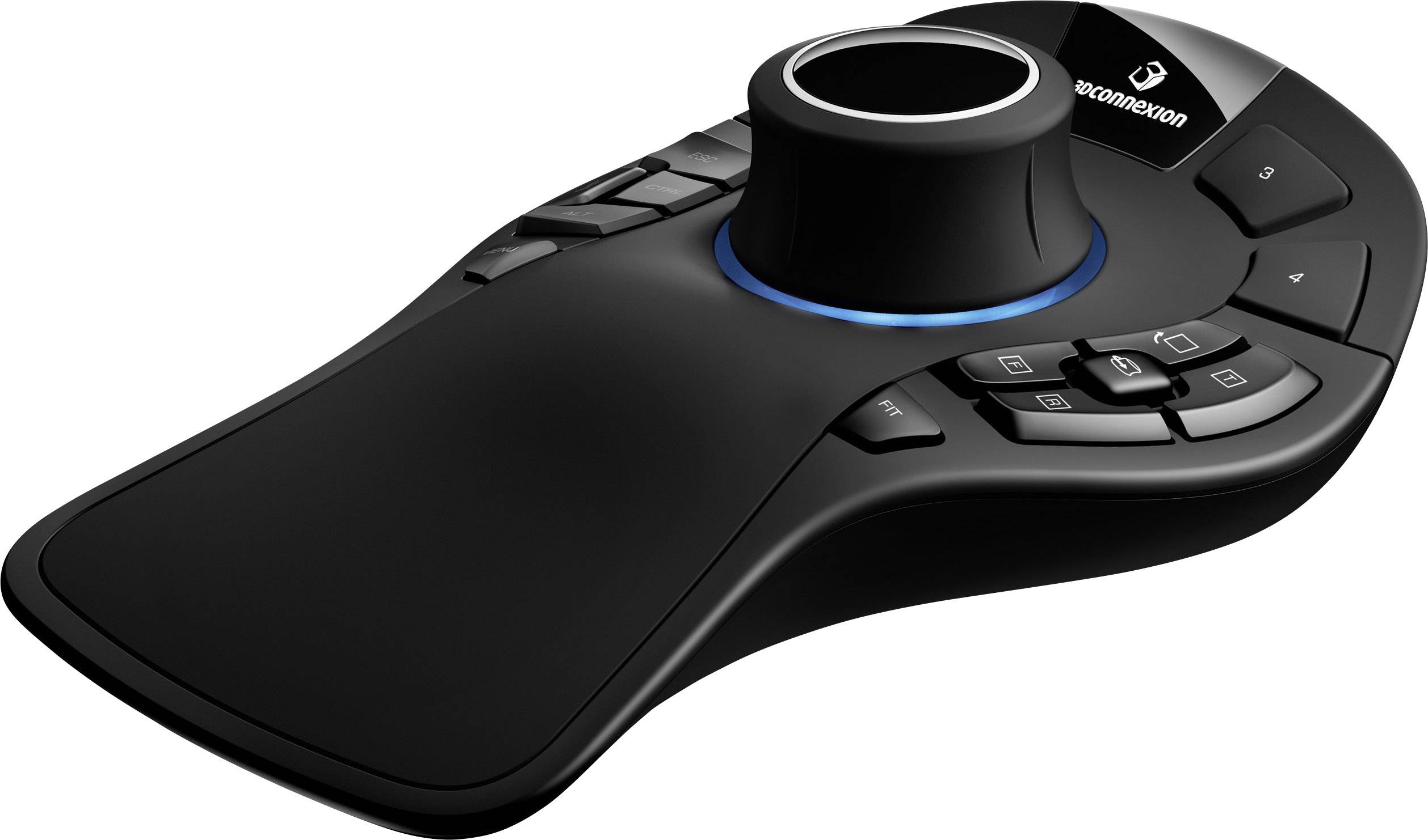En sort 3D-controller med flere knapper, en drejeknap i midten og et ergonomisk design, velegnet til 3D-navigation.