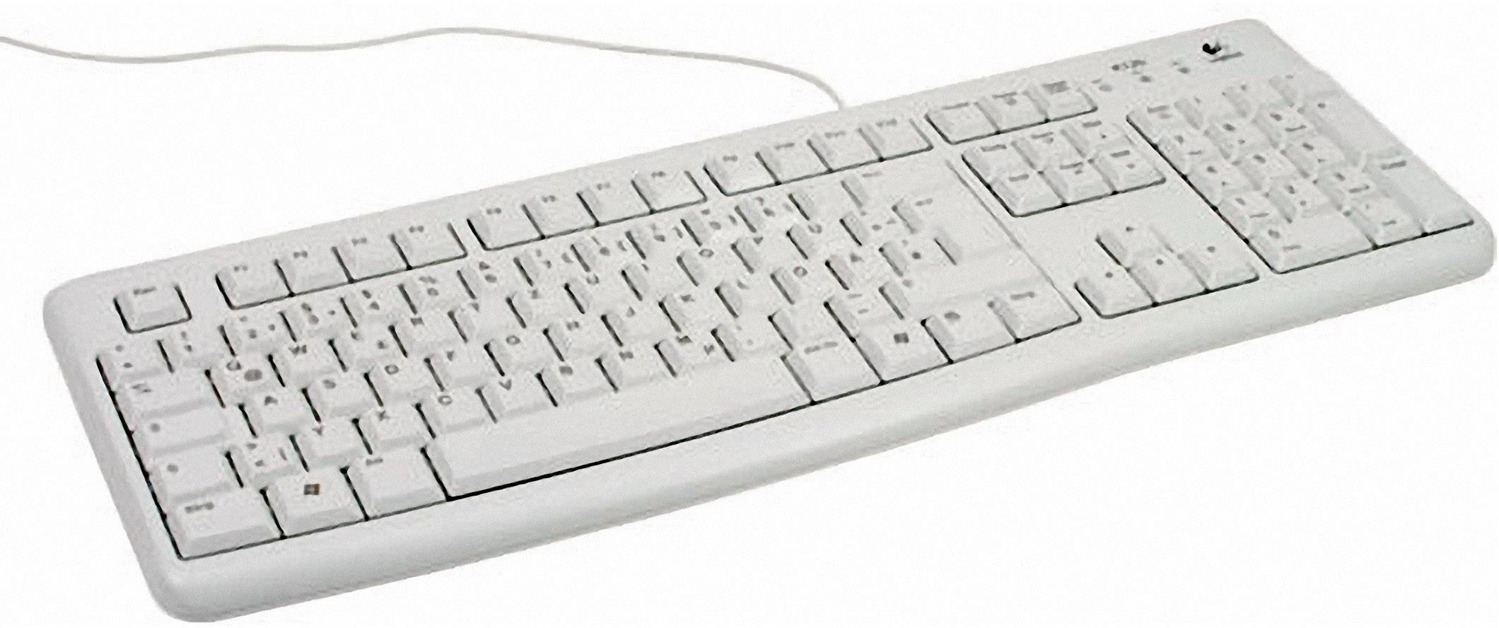 Hvid computertastatur med fuld tastaturlayout, herunder funktionstaster og numerisk tastatur, på hvid baggrund.