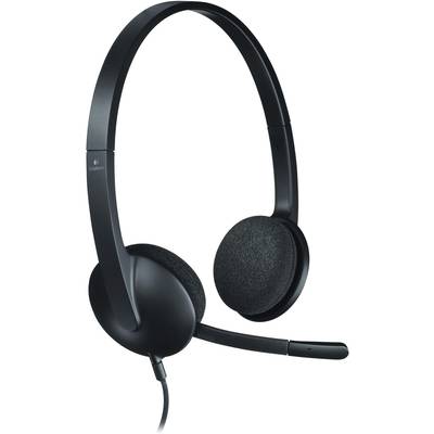 Sort headset med mikrofonarm, bruges til lyd- og stemmekommunikation, egnet til computer- eller telefonopkald.