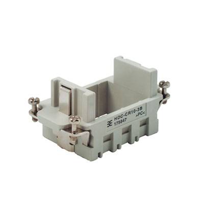 En grå, rektangulær stikforbinderholder med metalskrueforbindelser, mærket 'HDC-CR10-3B'.