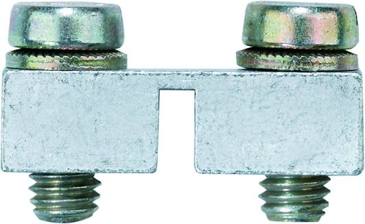 Metalforbindelser med to skruer og et centralt udsnit, muligvis en elektrisk eller mekanisk komponent.