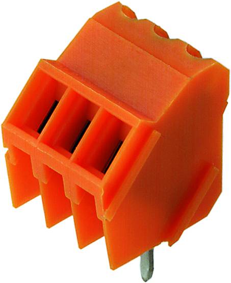 Orange elektrisk stik med fire tilslutninger til printplademontering, egnet til industrielle anvendelser.