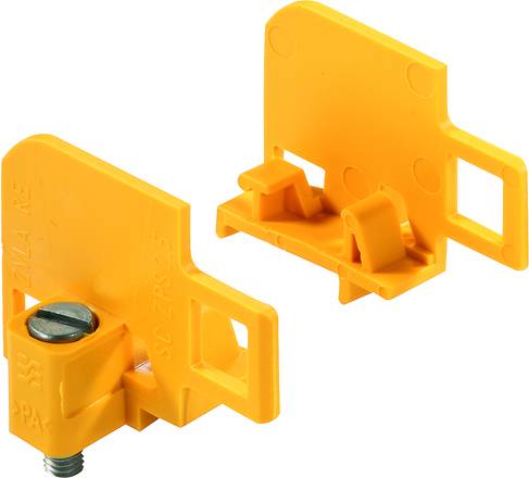 To klemmer i gul plast, forbundet af et metalstykke. De bruges som elektriske forbindelser i industrielle applikationer.