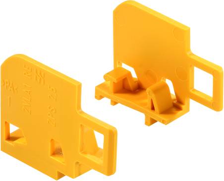To klemmer af gul plast, rektangulære med kroge og riller, til fastgørelse af elektriske ledere i tavler.