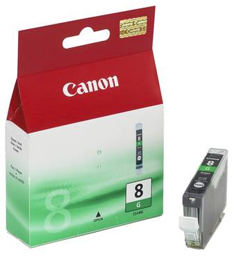 Canon blækpatron CLI-8G i grøn emballage, forsiden viser tallet '8'. Patronen ved siden af viser samme tal og farvemarkering 'G'.
