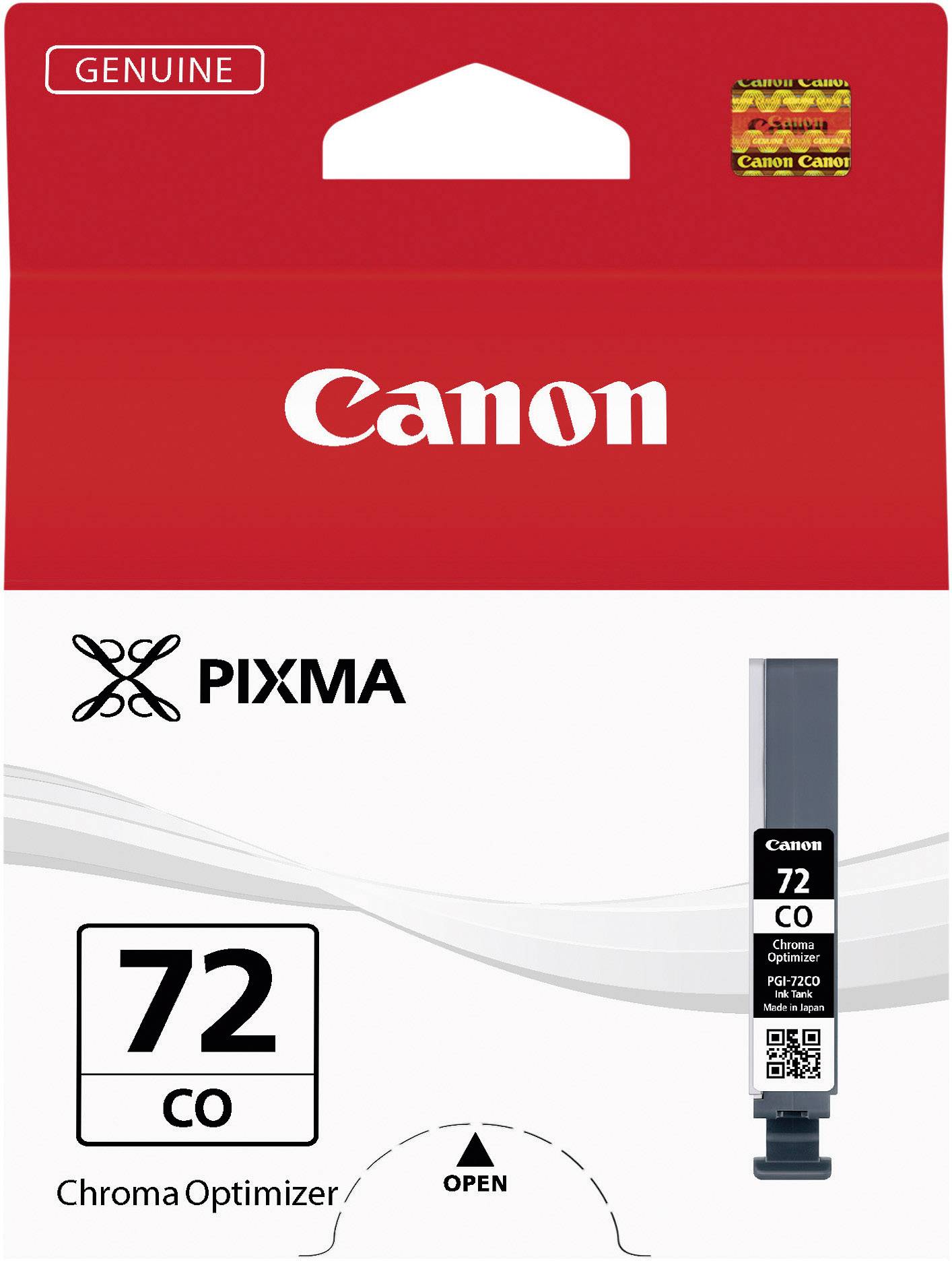 Emballage til en Canon PIXMA blækpatron, Model 72 CO, Chroma Optimizer. Rødt logo øverst, forneden blækpatron med produktdetaljer.