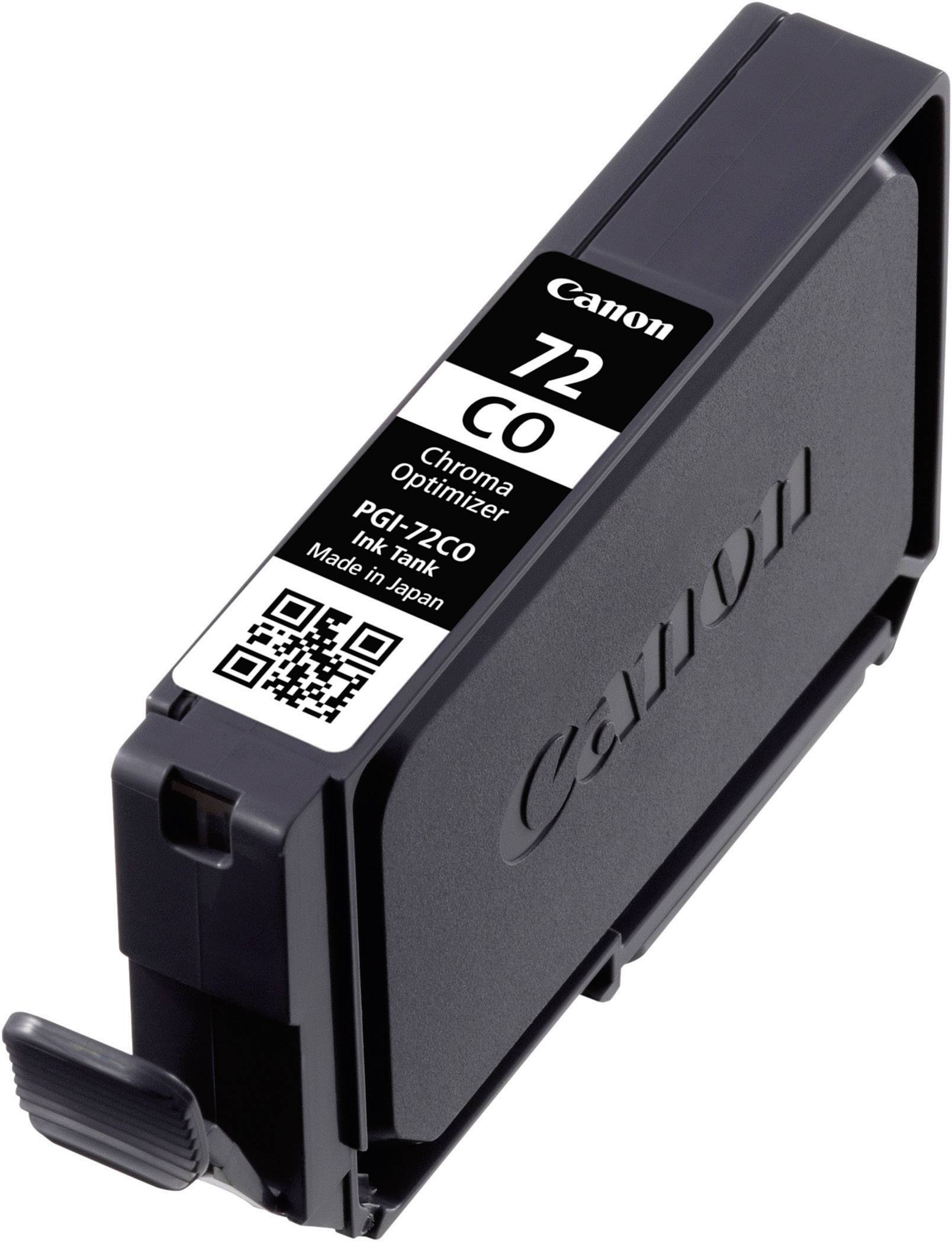 En sort Canon blækpatron 72 CO, Chroma Optimizer, med QR-kode, produktnummer PGI-72 CO. Fremstillet i Japan.