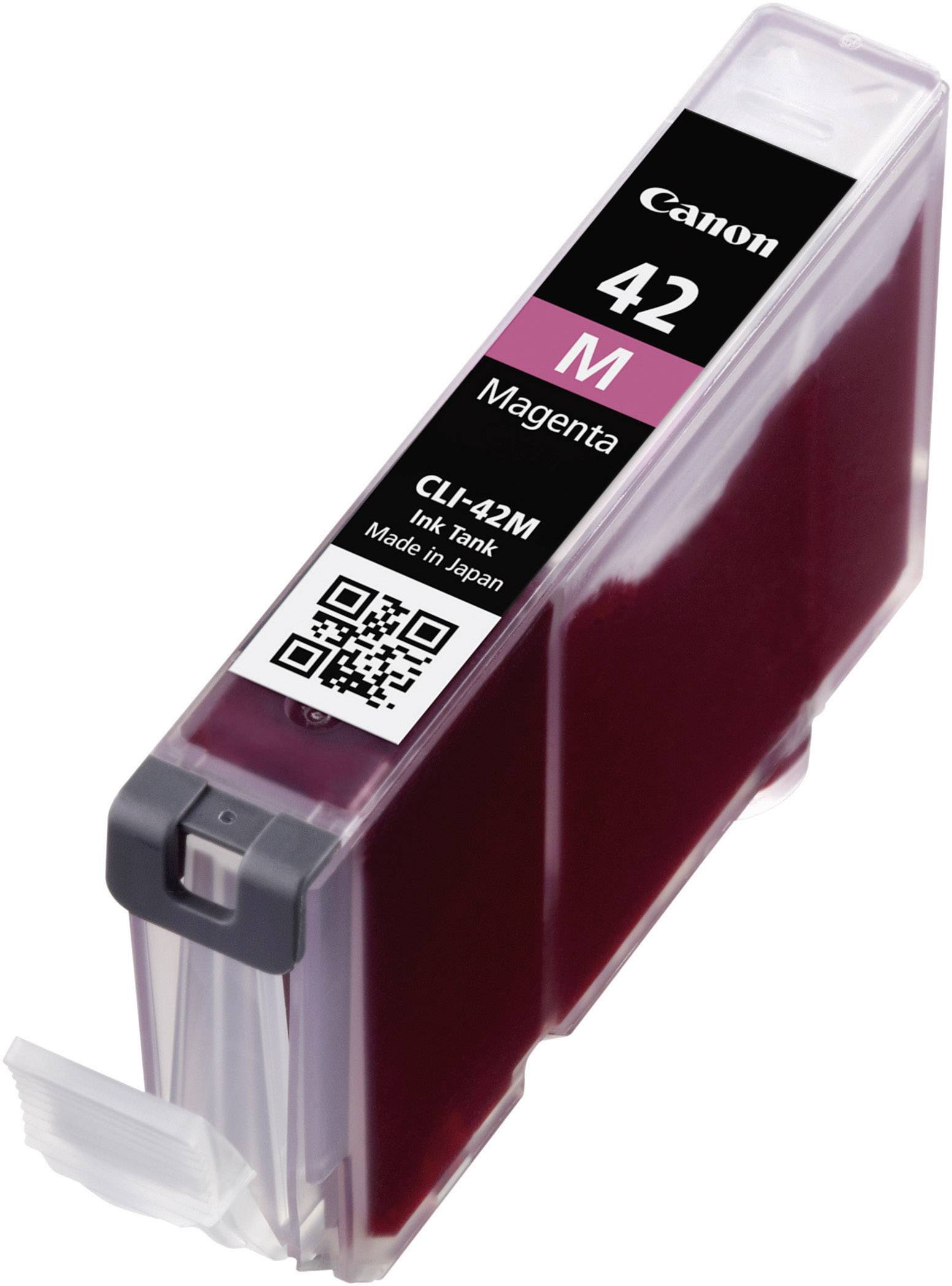 Magenta blækpatron, størrelse 42, fra Canon, med QR-kode og bemærkning om blækmængde (14 ml) og oprindelse (Japan).
