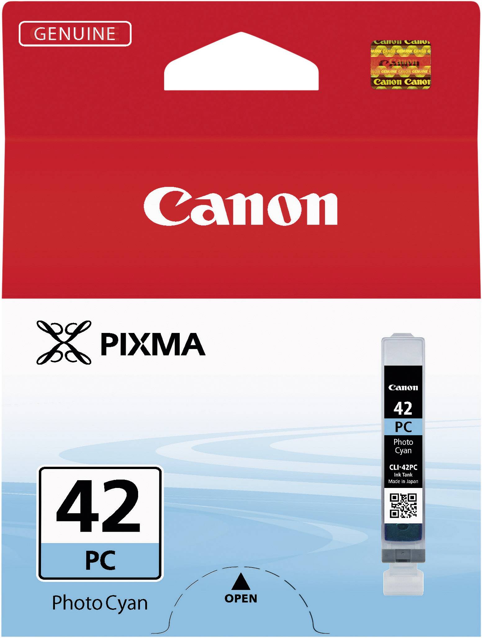 Canon blækpatron, model PIXMA 42 i cyan, på emballage med logo og mærkat 'Original'. Indeholder 42 stk., åbnes fra bunden.
