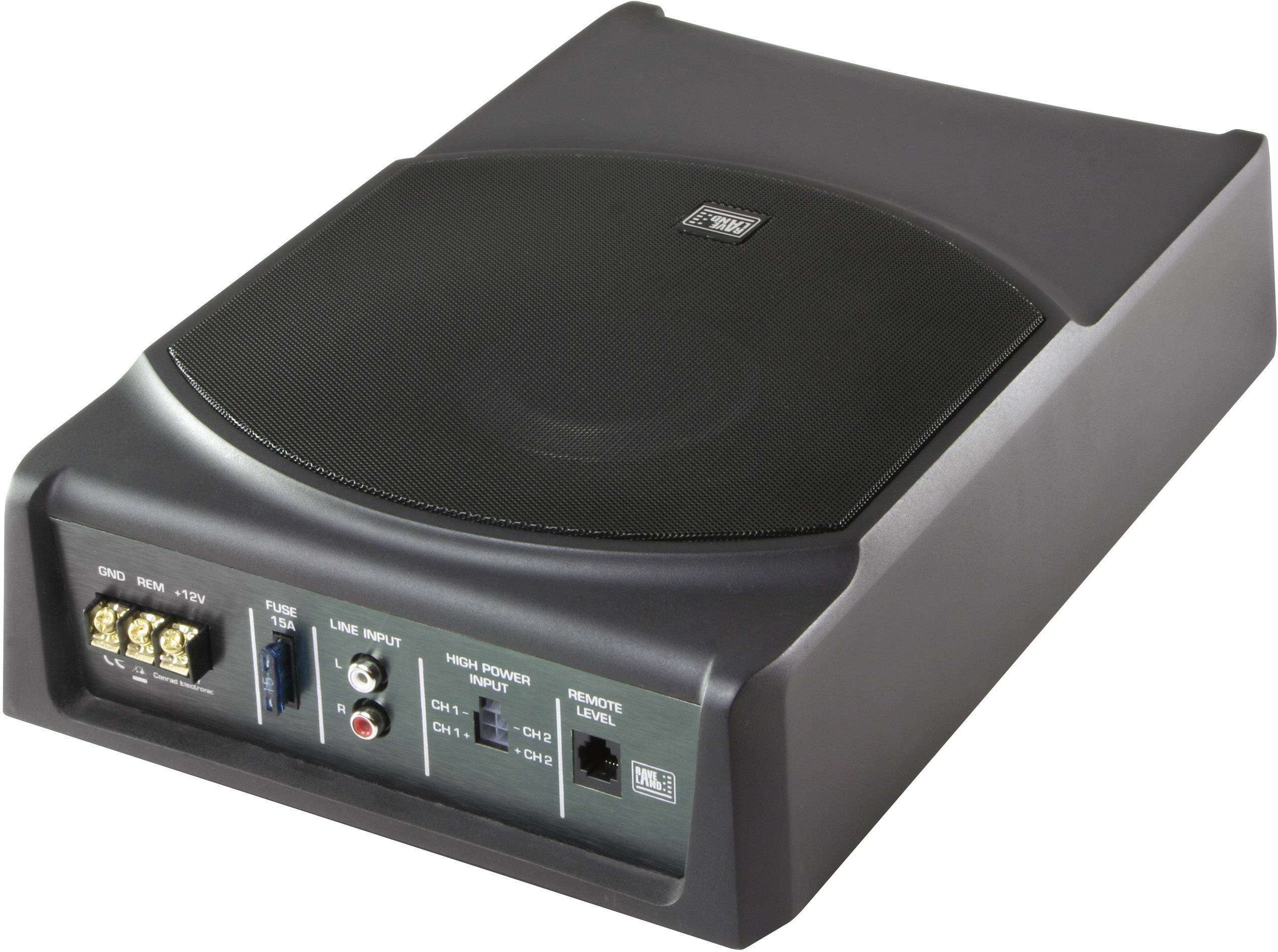 Kompakt subwoofer i et sort kabinet med tilslutninger til strøm og lydindgange på bagsiden.