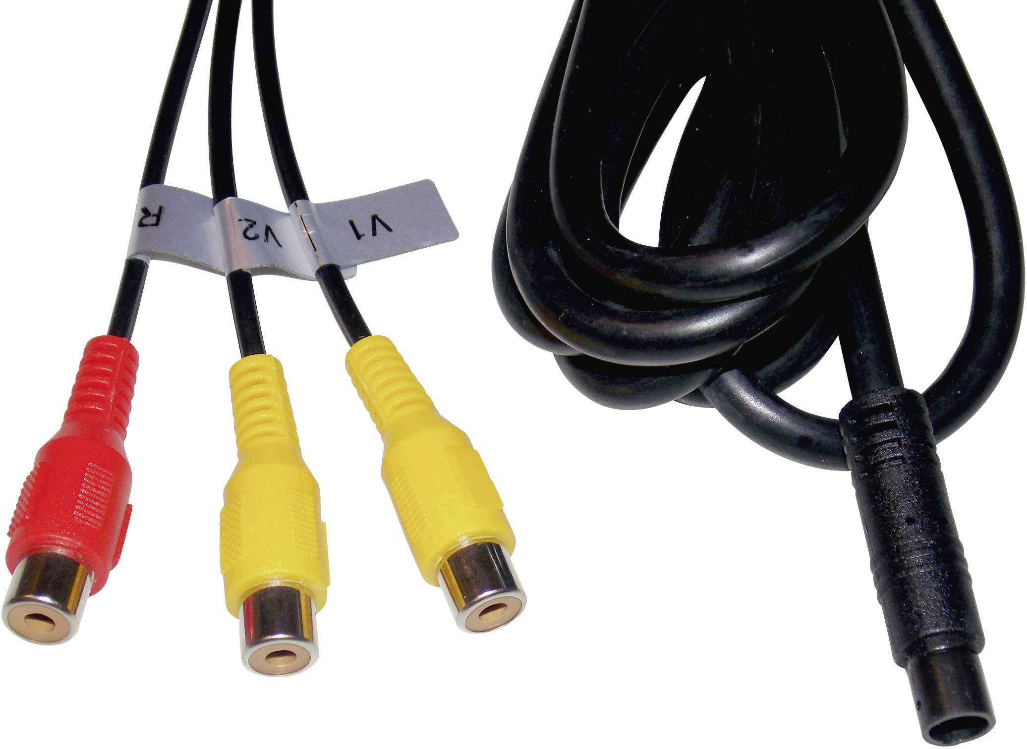 Tre AV-kabler med røde, gule og sorte stik ligger ved siden af hinanden. De er egnede til at forbinde lyd- og videoenheder.