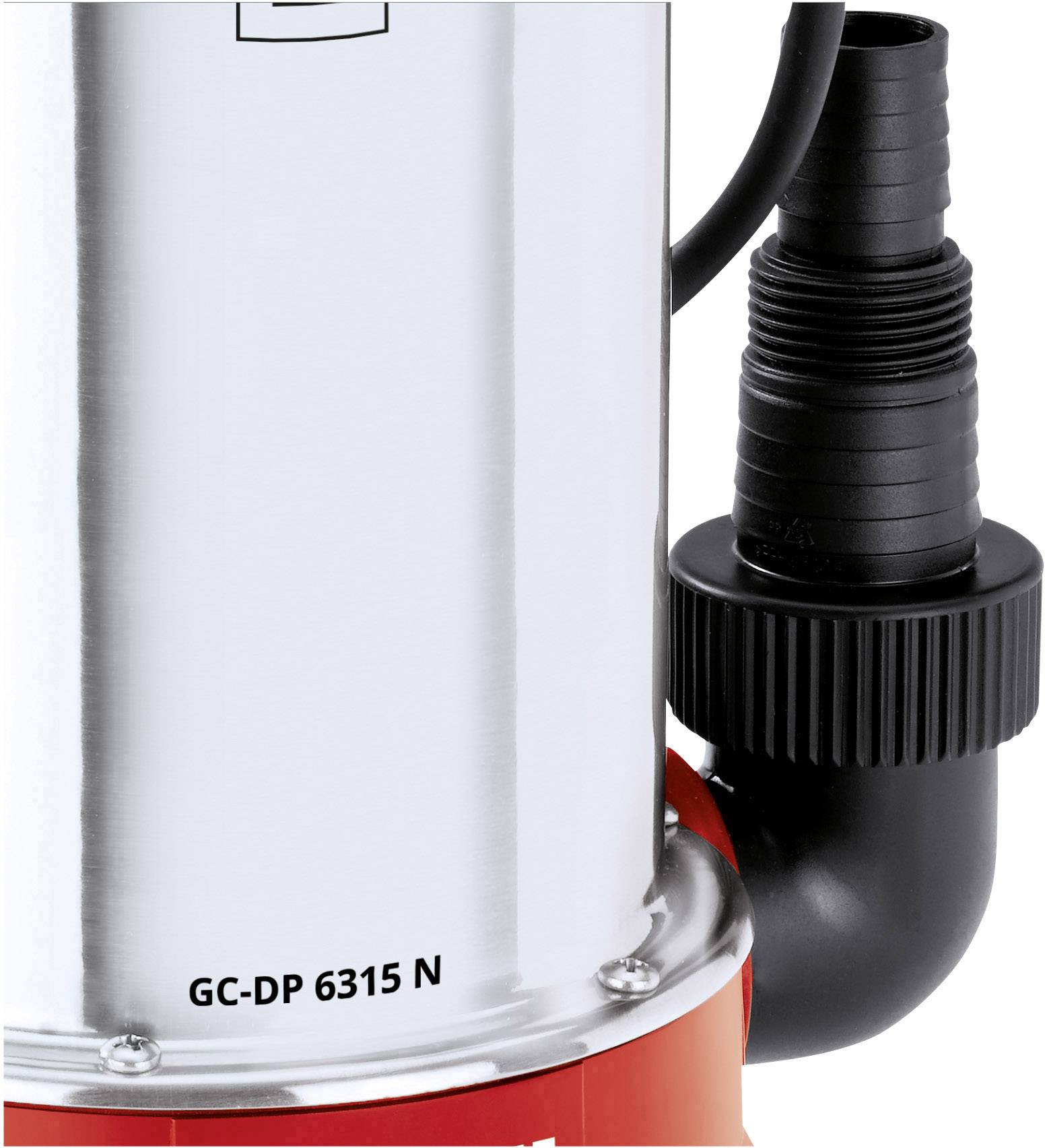 Udsnit af en vandpumpe med metalkappe og plastiktilslutning. Påskrift: 'GC-DP 6315 N'.