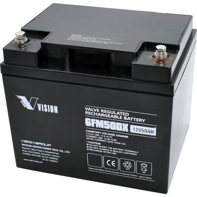Et sort, genopladeligt blysyrebatteri fra Vision, model 6FM50DX, 12V50Ah. Påskrift viser tekniske specifikationer.