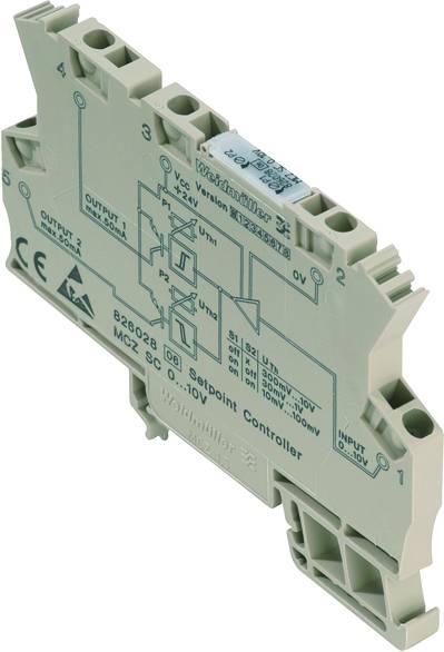 En 'Weidmüller Setpoint Controller' i en lysegrå kapsling. Markeringer og kredsløbsdiagram er synlige på overfladen.