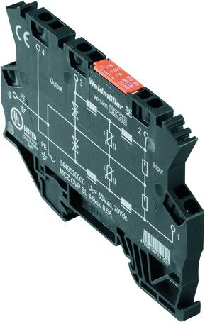 Et elektronisk Weidmüller relæmodul med tekniske påtryk og tilslutninger for ind- og udgang, model MCZ OVP BL.