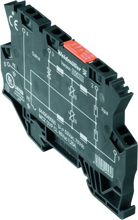 Sort elektronisk komponent med hvide kredsløbssymboler, varemærke øverst. Indeholder stik til strømforsyning og signalinput.