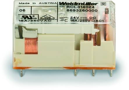 Relæ fra mærket Weidmüller, model RCL314024, egnet til 16A/250VAC, med spole 24V DC. Fremstillingsland: Østrig.