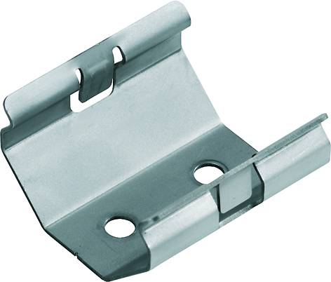 Et metalclips med to huller og en krog, muligvis beregnet til at fastgøre genstande på en overflade.