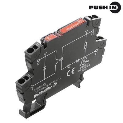 Sort elektrisk relæmodul fra Weidmüller med påskriften 'PUSH IN'. Viser kredsløbsdiagram og tekniske specifikationer.