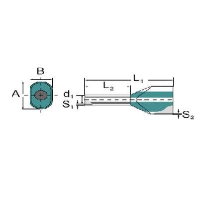 Teknisk tegning af en borehoved med forskellige dimensionsangivelser. Betegnelser: A, B, d₁, S₁, S₂, L₁, L₂.