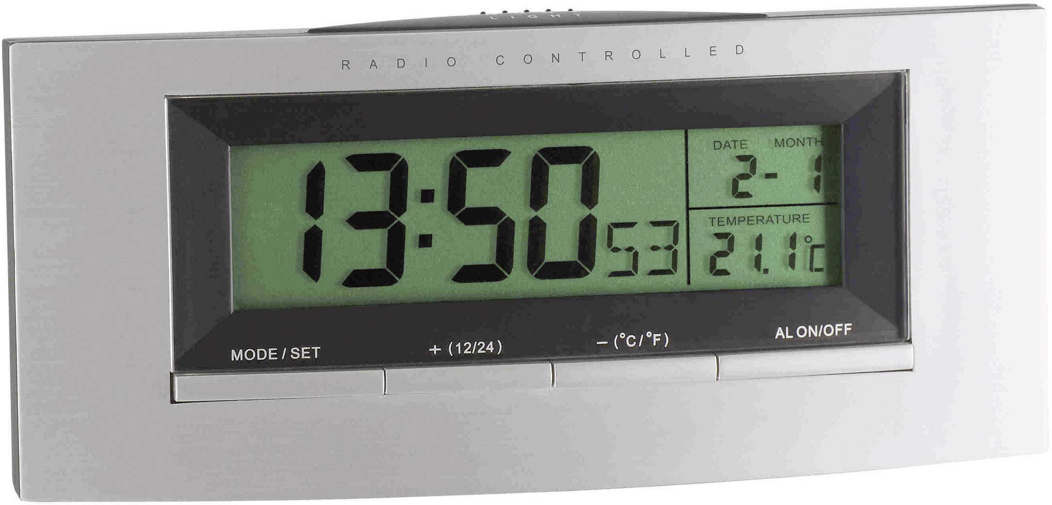 Digital radiouret viser 13:50. Dato: 2.1. Temperatur: 21,1 °C. Funktioner: Tilstand, Alarm, 12/24 timer, °C/°F.