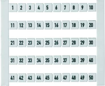 Billedet viser en abacus-tavle med fem rækker, hver med nummererede brikker fra 1 til 50, læst fra øverst til nederst.