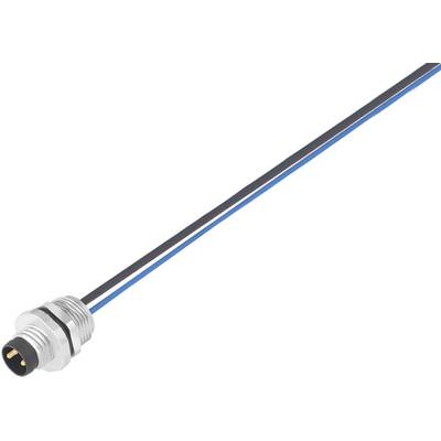 En elektrisk stik med tre ledninger: sort, blå og brun, forbundet til et metalgehus.