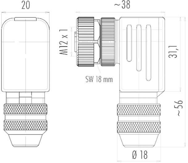 Teknisk tegning af stik med diameterangivelser: Ø18 mm, længde ca. 56 mm, bredde ca. 38 mm. Forbindelse M12 x 1.