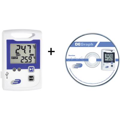 Temperaturdatalogger med display viser '24,7°C'. Indeholder software-cd til dataanalyse med logo og billede af den samme logger.