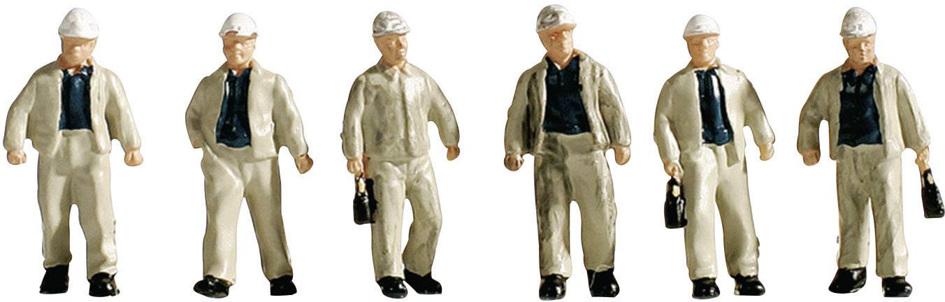 Seks miniaturfigurer i arbejdstøj, alle iført lyse overalls og hvide hjelme, nogle bærer sorte tasker.