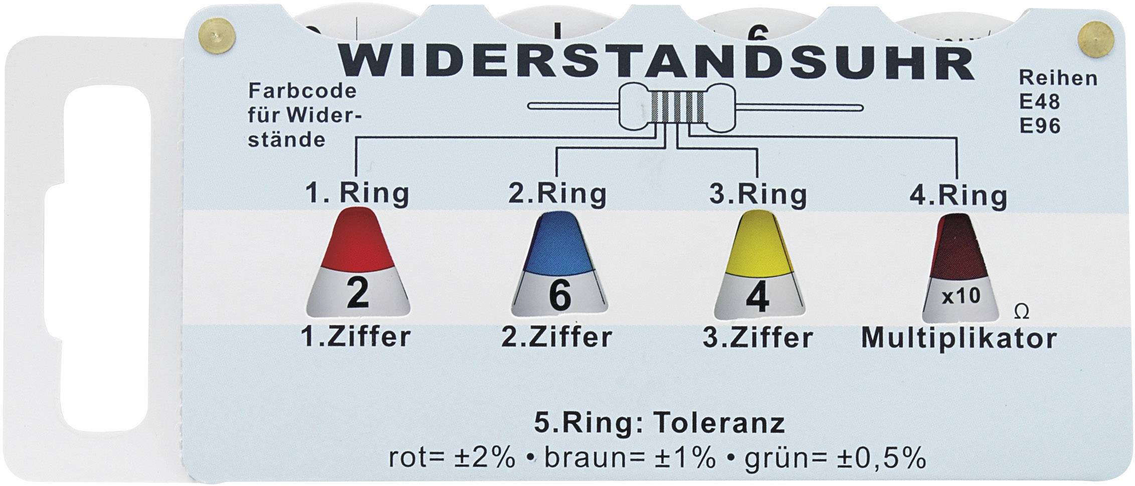 'Modstandsur' viser farvekoder for modstande: 1. ring (ciffer), 2. ring (ciffer), 3. ring (ciffer), 4. ring (multiplikator), 5. ring (tolerance: rød ±2%, brun ±1%, grøn ±0,5%).